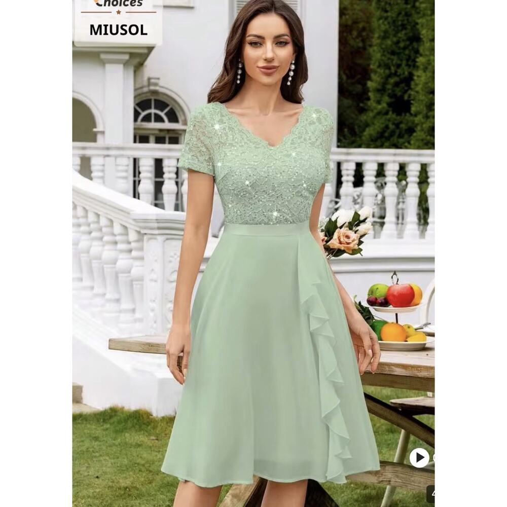 MIUSOL Green Lace Sequin V-Neck Short Sleeve A-Line Knee Dress Size XL - Picture 2 of 5